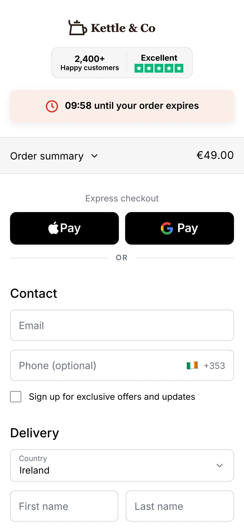 A checkout on a phone, where most small orders are paid